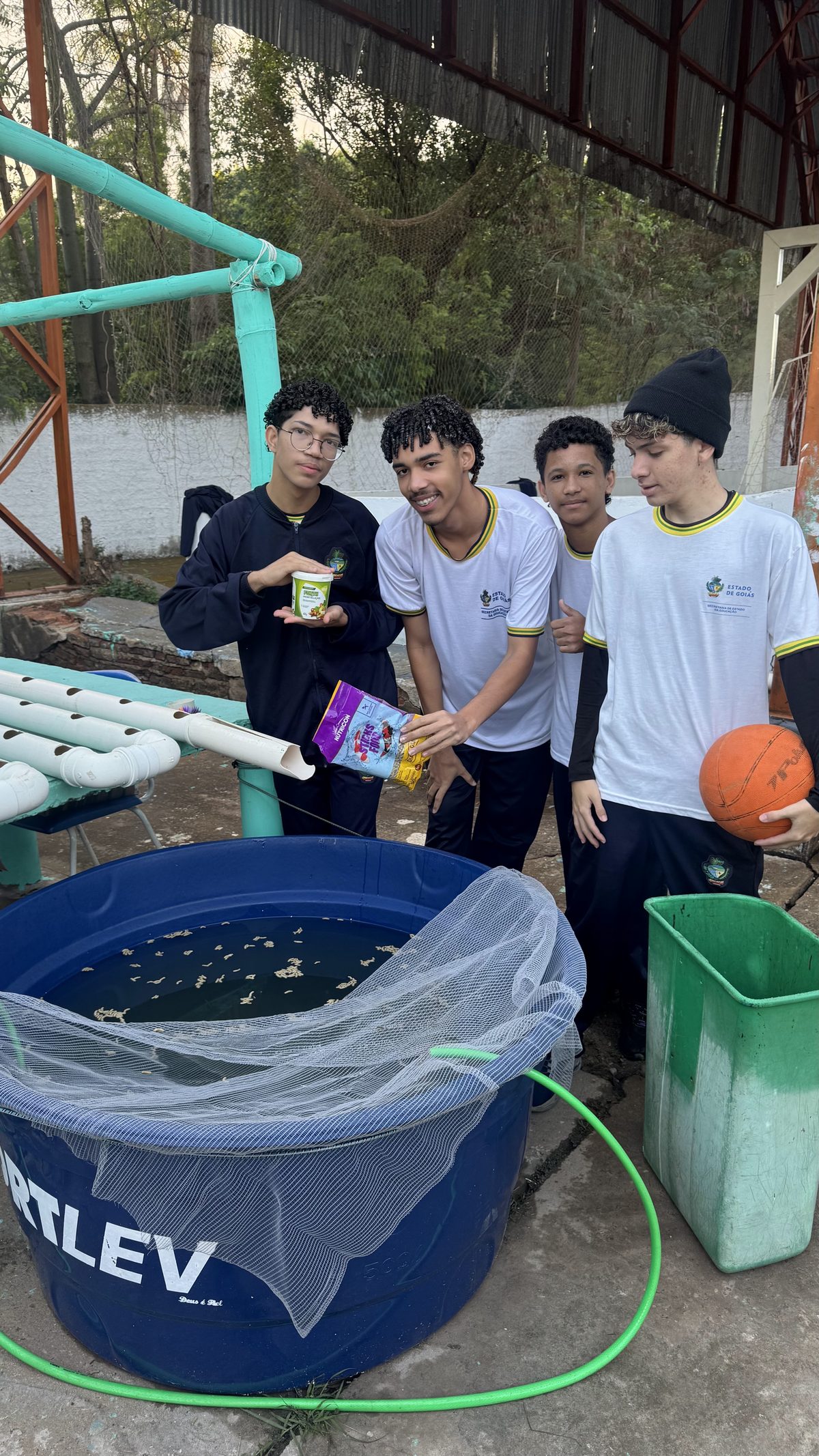 Estudantes alimentando os peixes no reservatório do sistema de aquaponia